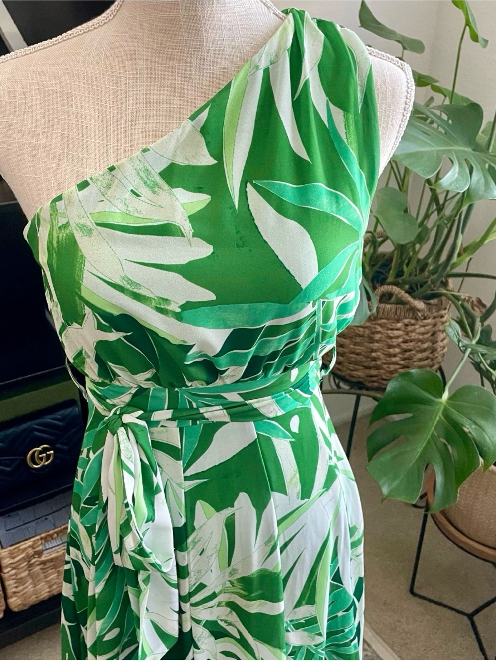 Red Dress Green and White One-Shoulder Tropical Maxi Dress - Picture 2 of 4